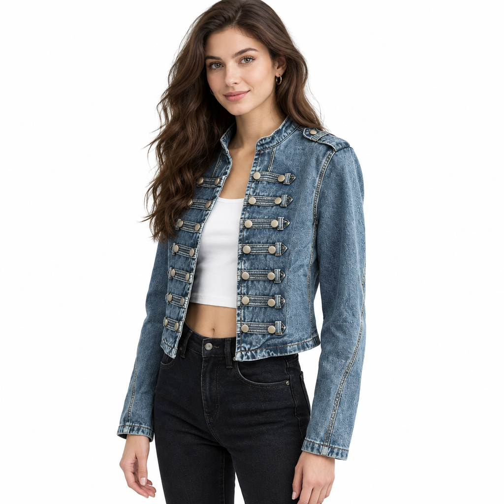 Γυναικείο κοντό denim jacket σε μοντέλο, με όρθιο γιακά και κλείσιμο μπροστά με κοπίτσες,