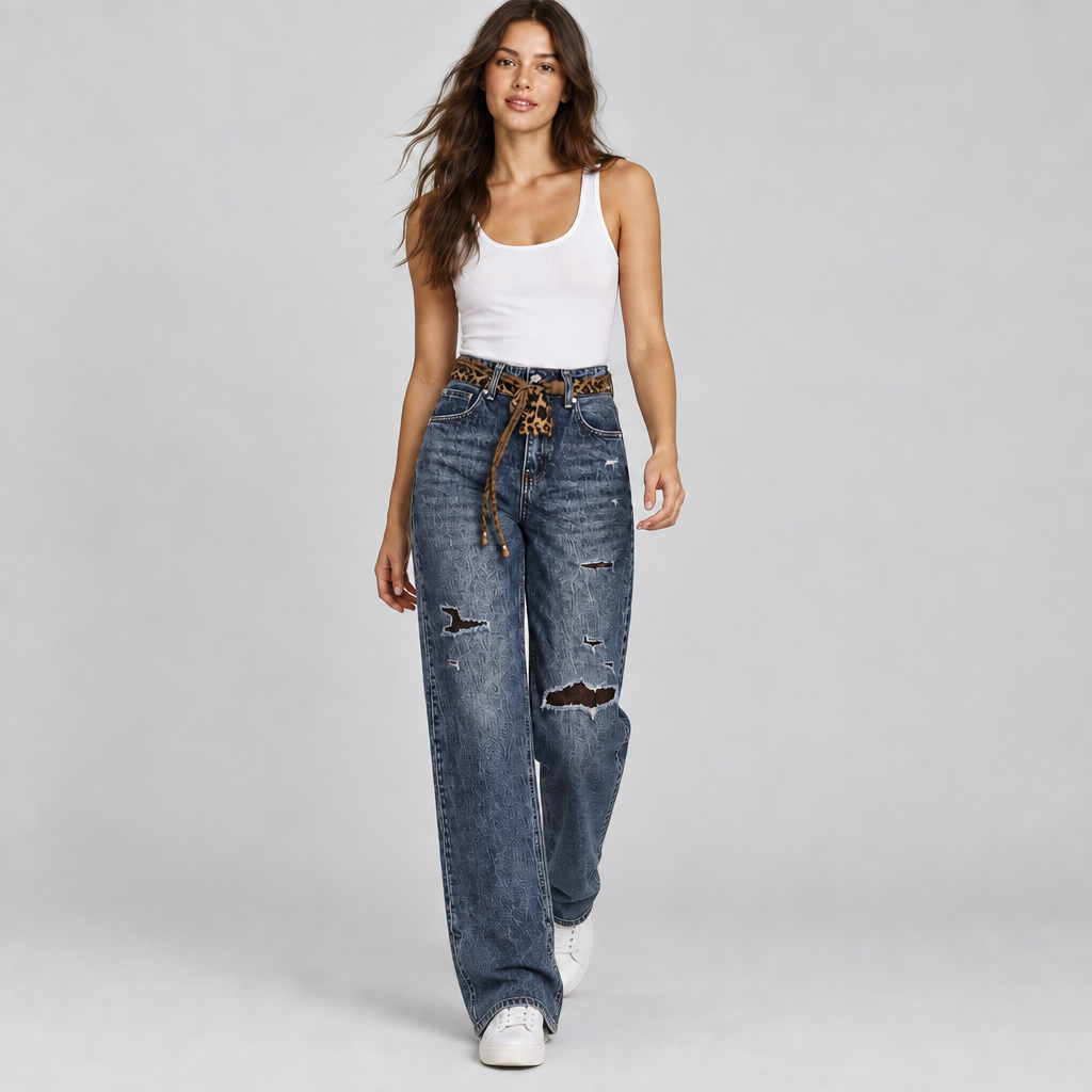 JEANS WIDE LEG  LEOPARD RIPPED