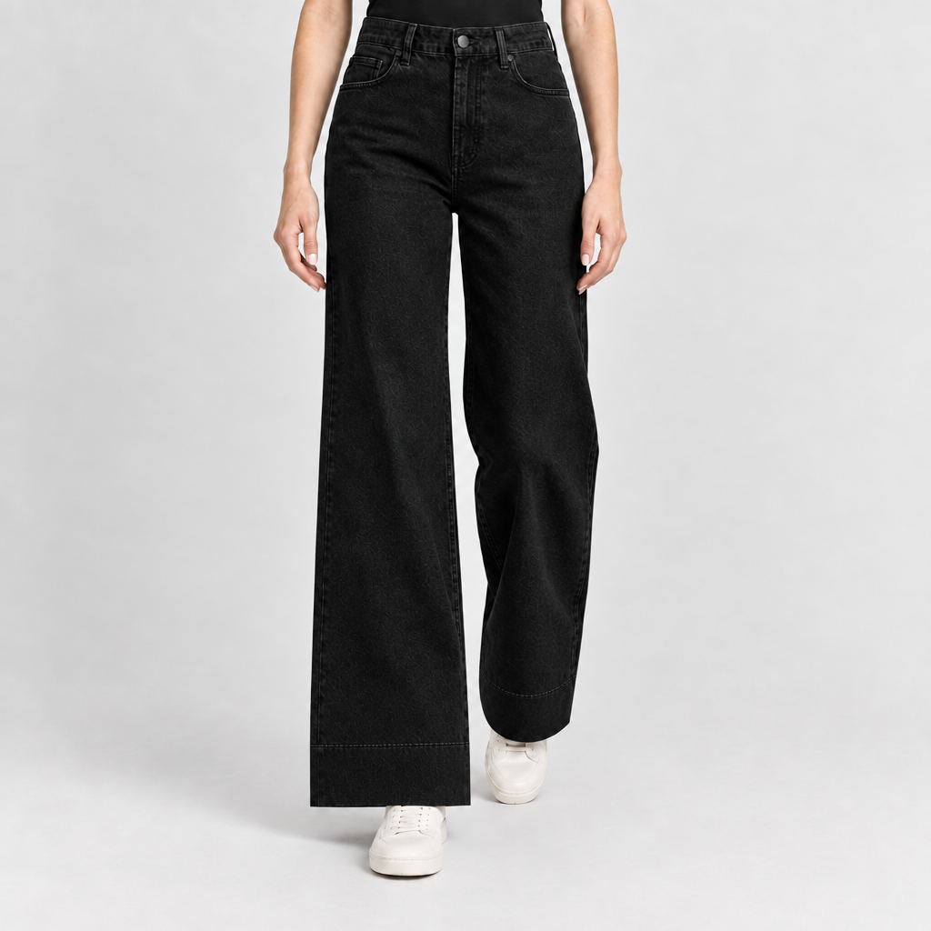 Μαύρο γυναικείο τζιν παντελόνι wide leg με ελαστικό ύφασμα και μονό γαζί στο στρίφωμα